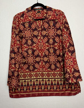 LRL Ralph Lauren Orange Aztec Print Pullover Split V-Neck Blouse Tunic Size 1X